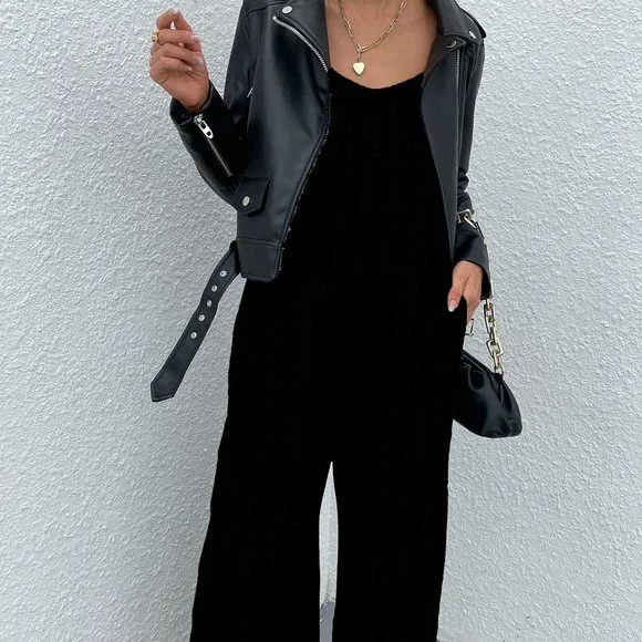 New Striped Print Asymmetrical Hem Cami Jumpsuit Black - Picture 3 of 7